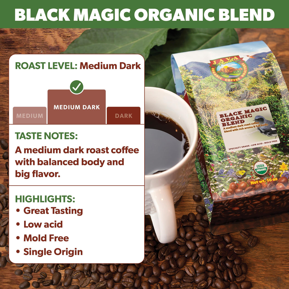 Java Planet Black Magic Blend – Low Acid Organic Coffee, Whole Bean, Medium-Dark Roast (1 lb)