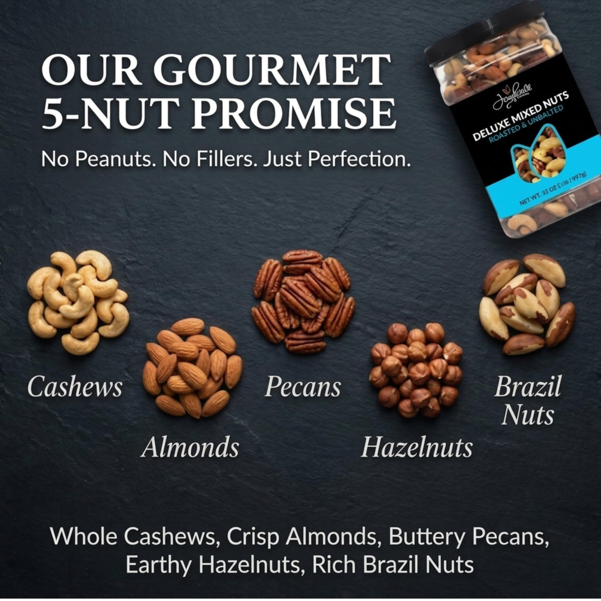 Jaybee’s Unsalted Mixed Nuts | 32 oz Deluxe Roasted Nut Mix – Cashews, Almonds, Pecans, Hazelnuts, Brazil Nuts | Keto, Vegan, Kosher