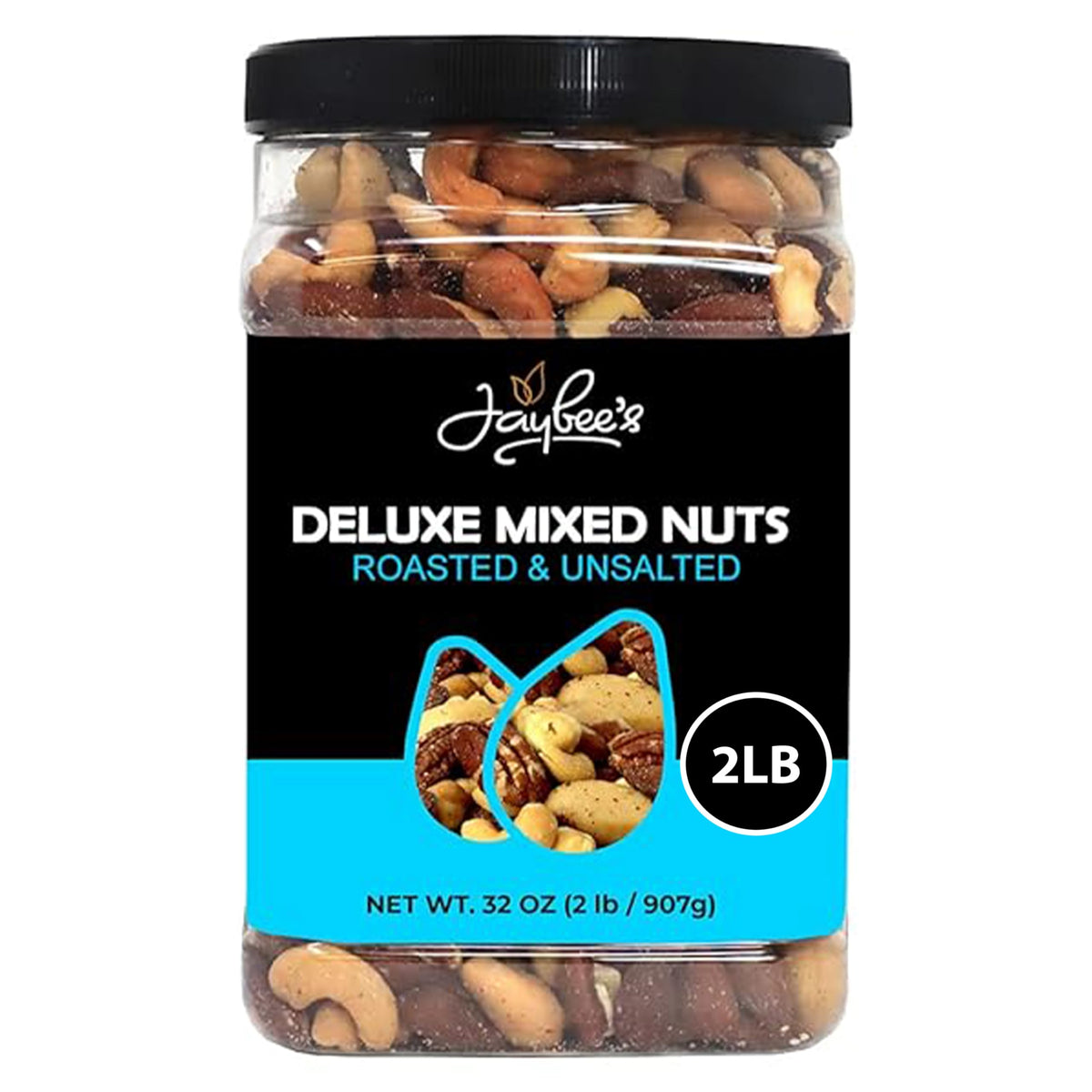 Jaybee’s Unsalted Mixed Nuts | 32 oz Deluxe Roasted Nut Mix – Cashews, Almonds, Pecans, Hazelnuts, Brazil Nuts | Keto, Vegan, Kosher