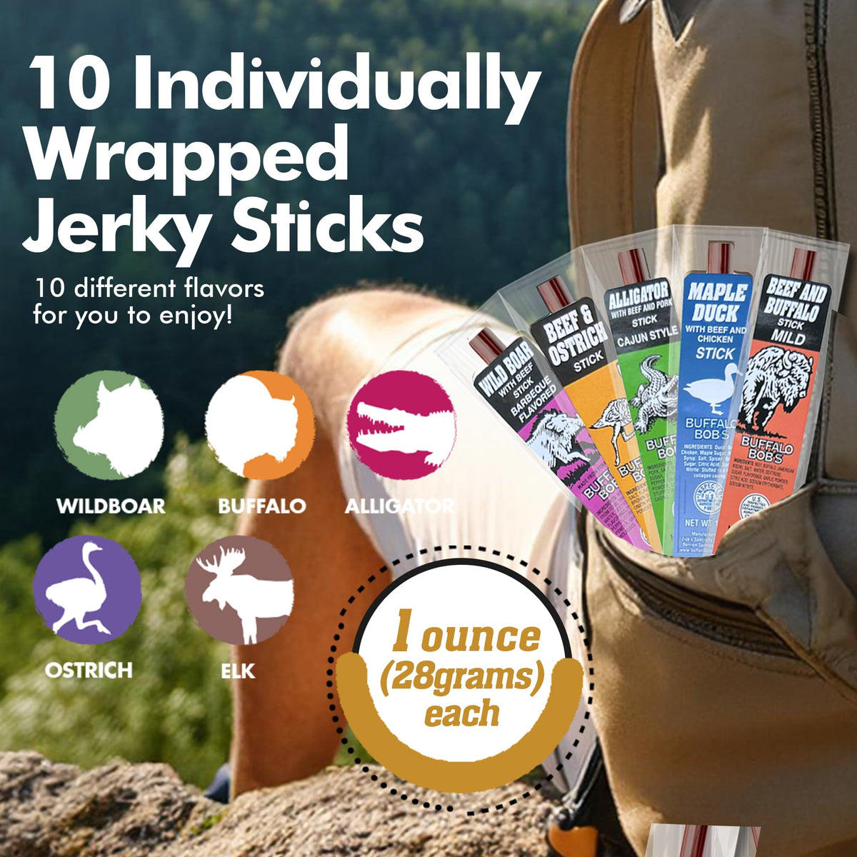 Jerky-n-Spice Wild Game Exotic Meat Sticks (10-Pack) – Savory Variety Pack
