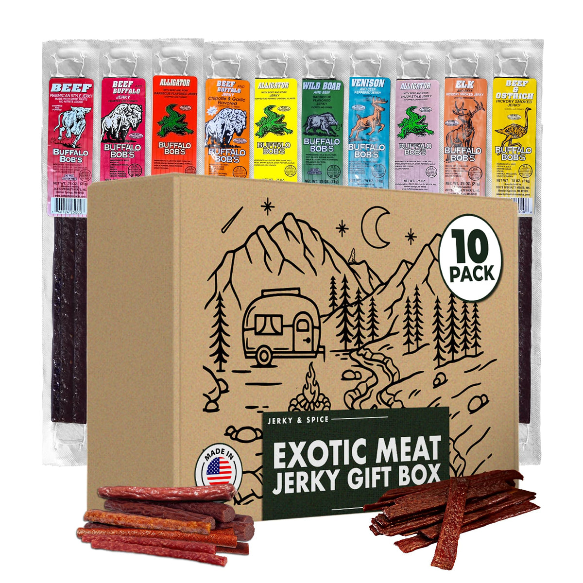 Jerky-n-Spice Exotic Jerky Gift Box (10 Count) | Exotic Meat Snack Variety Pack