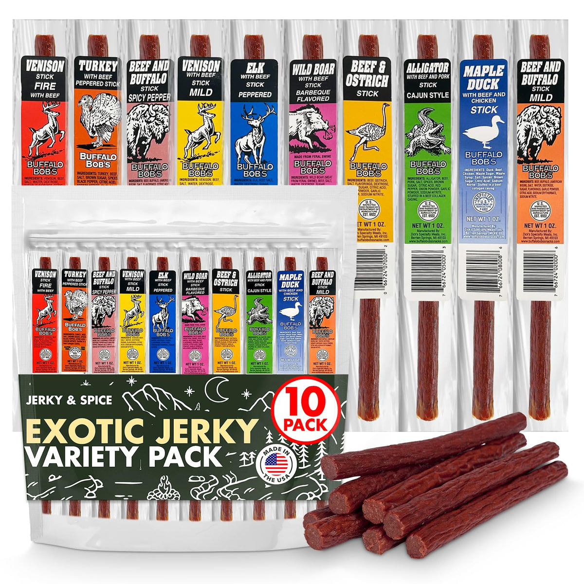 Jerky-n-Spice Wild Game Exotic Meat Sticks (10-Pack) – Savory Variety Pack
