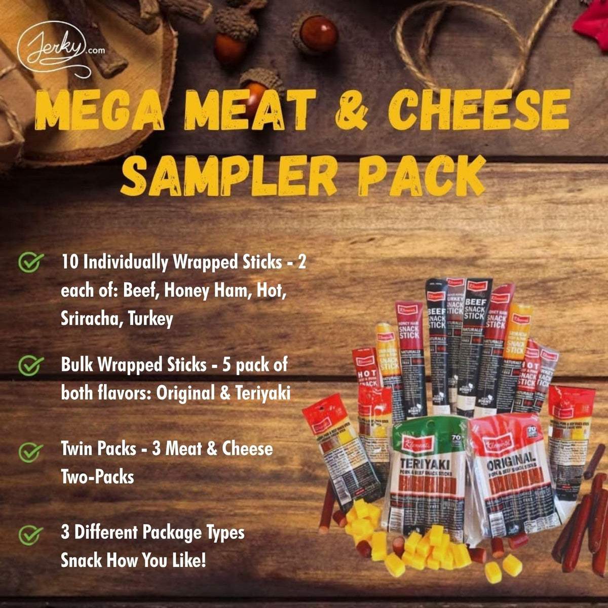 Jerky.com Meat & Cheese Sticks Sampler | 26-Piece Beef, Pork, Turkey & Cheese Variety Pack
