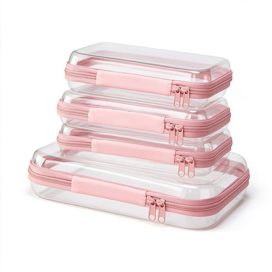Jiejieko 4 pcs Clear Hard Shell Zipper Case, Water-Resistant Travel Makeup Bag, Diaper Bag Organizer Pouches,Clear Toiletry Bags (Pink)