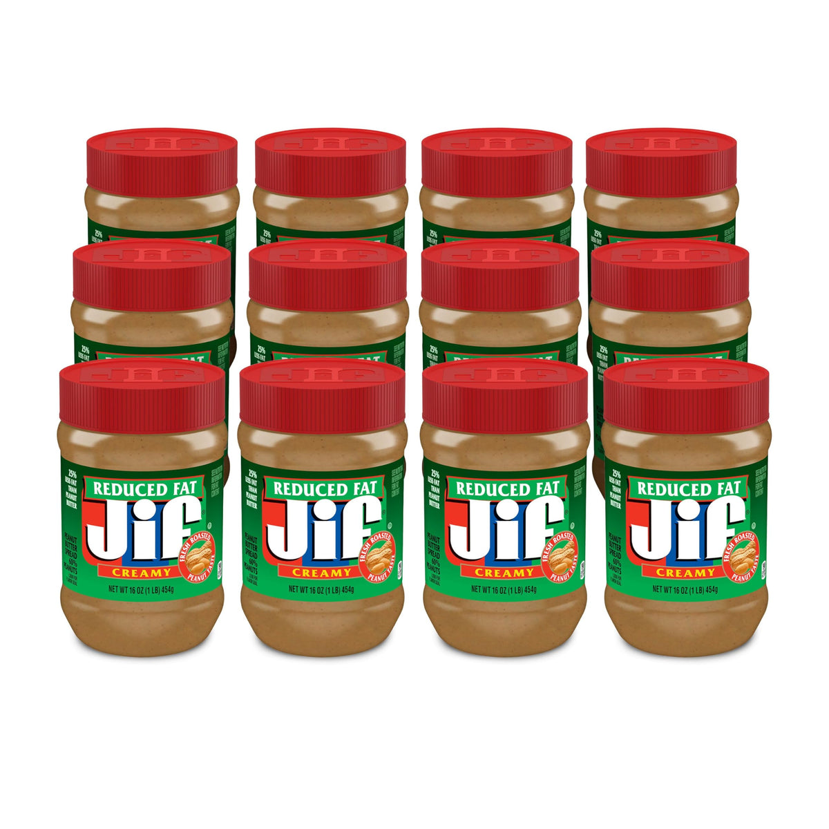 Jif Reduced Fat Creamy Peanut Butter – 16 oz Jar, 12-Count Case | Gluten Free & Kosher