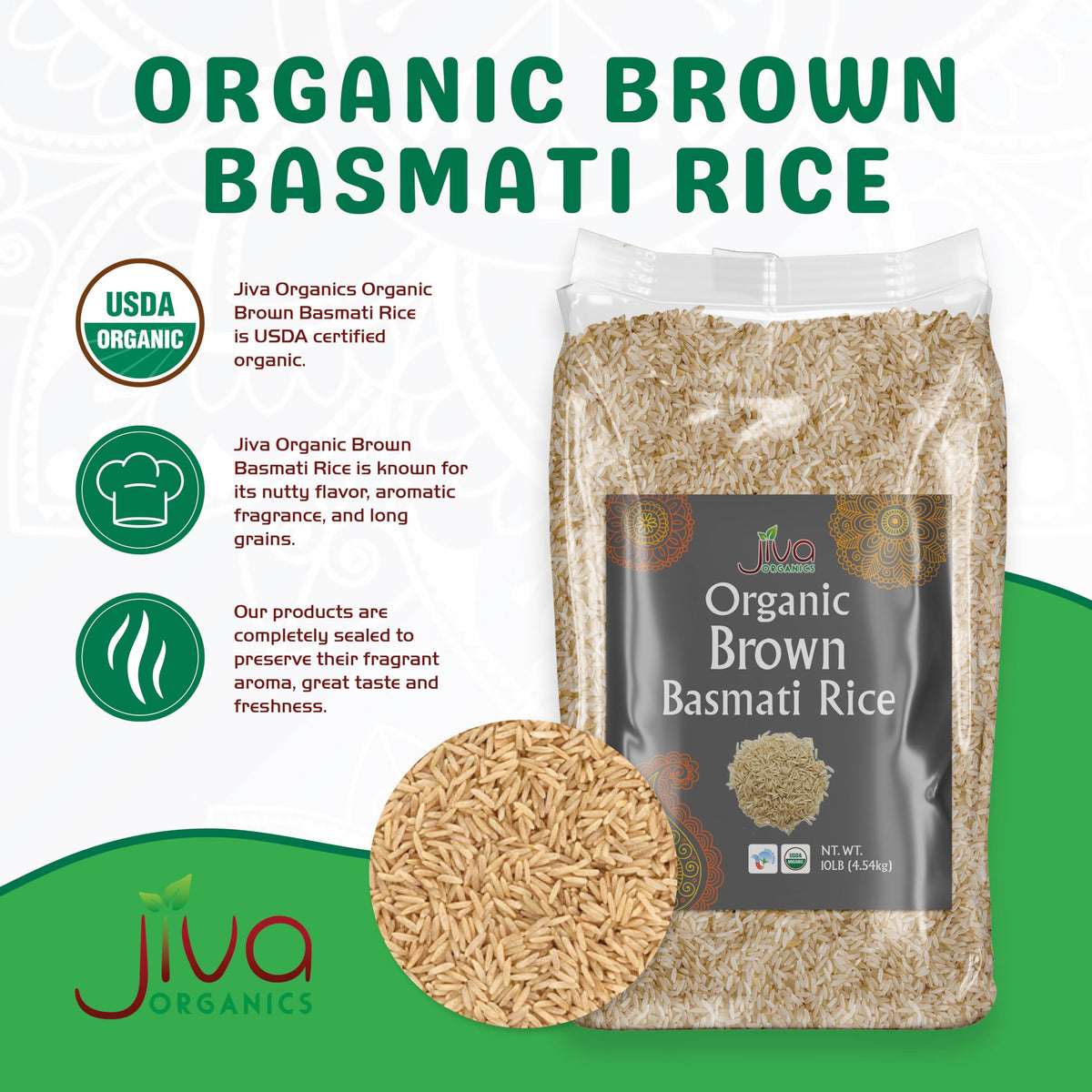 Jiva Organics Brown Basmati Rice - 10 lb Bag | Premium Organic