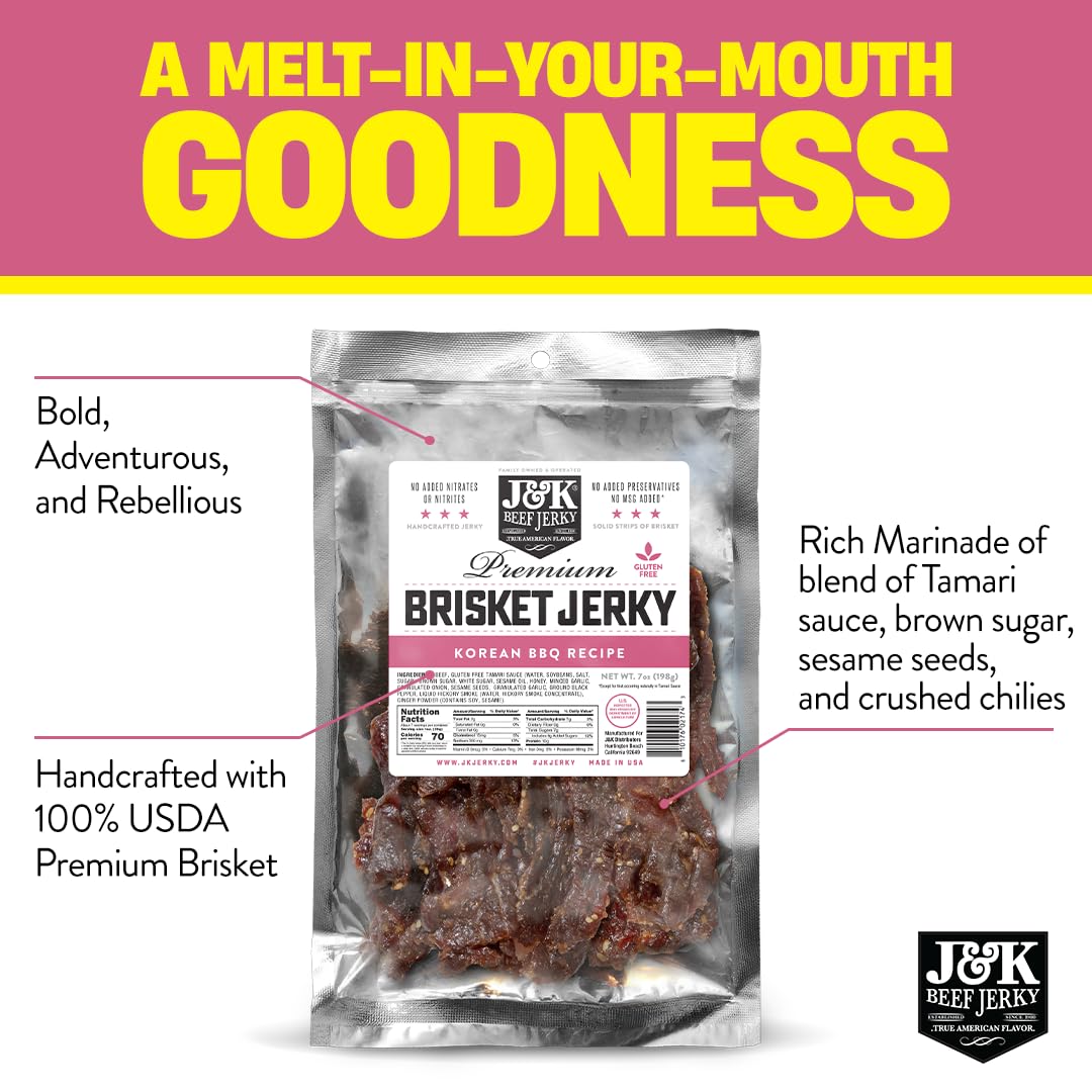 J&K Beef Brisket Jerky – Korean BBQ, Hand Crafted Small Batch, 7oz Bag