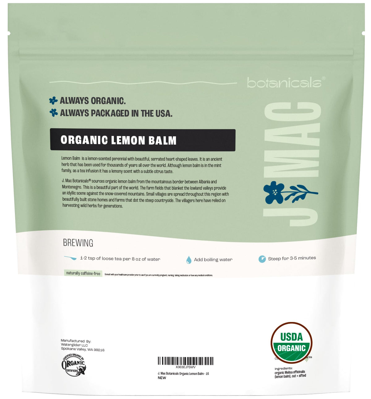 J Mac Botanicals Organic Lemon Balm Tea (16 oz) – Loose Leaf, USDA Organic