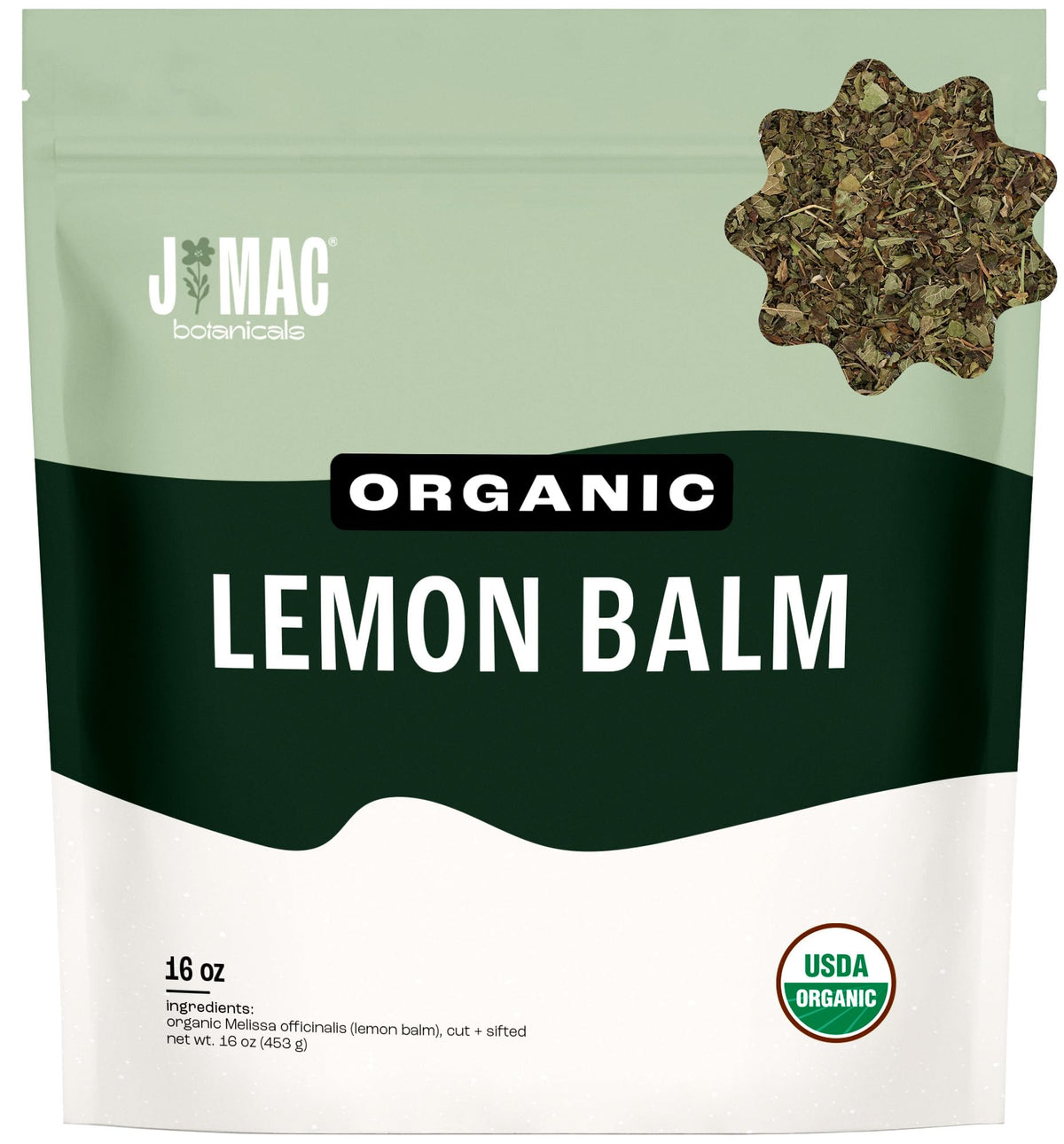 J Mac Botanicals Organic Lemon Balm Tea (16 oz) – Loose Leaf, USDA Organic