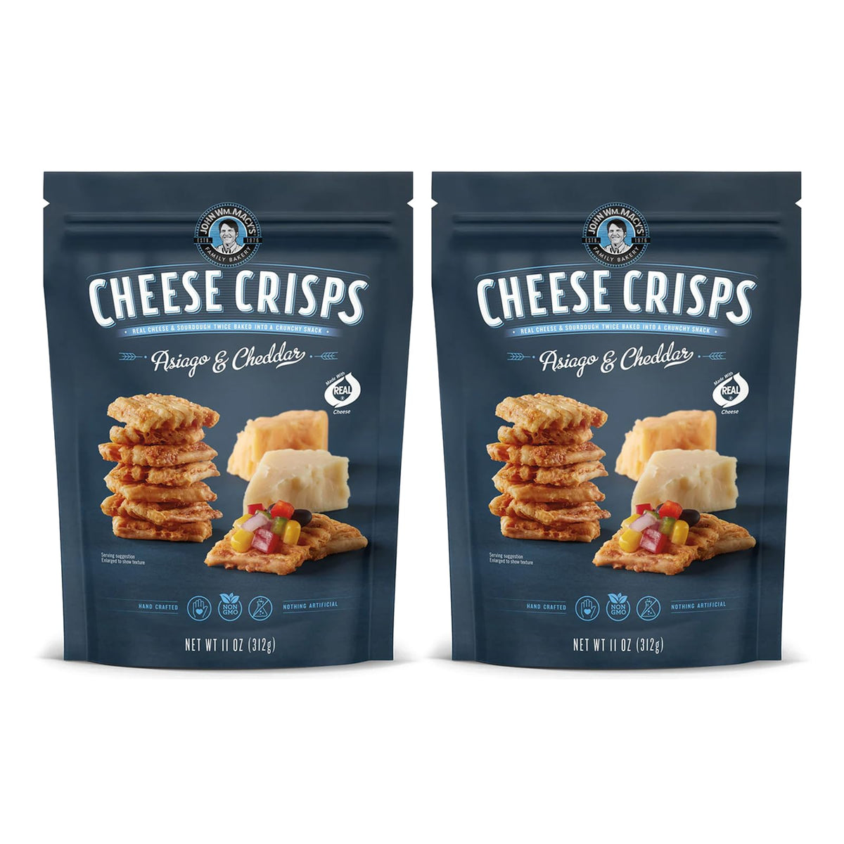 John Wm Macy's Asiago & Cheddar Cheese Crisps — Hand Crafted, Non-GMO, Real Cheese | 11 oz Bags (2-Pack)