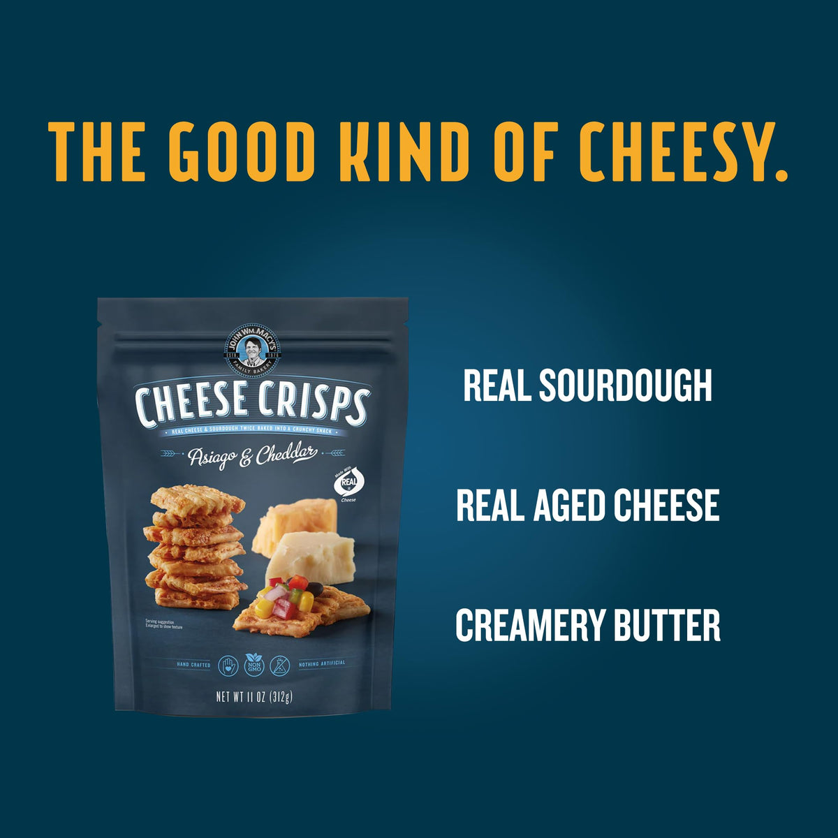 John Wm Macy's Asiago & Cheddar Cheese Crisps — Hand Crafted, Non-GMO, Real Cheese | 11 oz Bags (2-Pack)