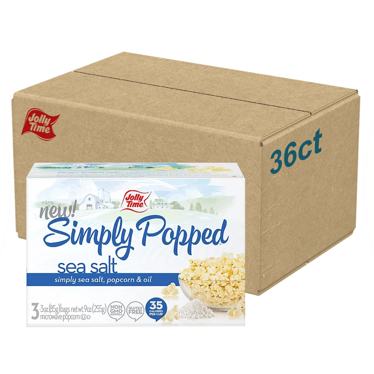 Jolly Time Simply Popped Sea Salt Microwave Popcorn – 3oz Bags, 36-Pack
