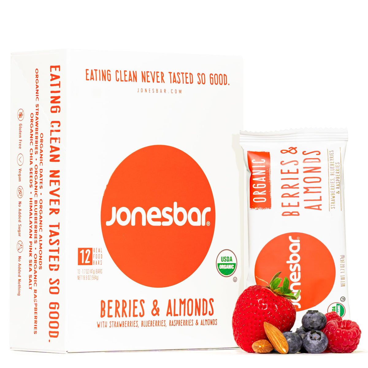 JONESBAR Organic Plant Based Protein Bars Berries & Almonds Pack of 12 | Gluten Free Kosher Vegan Snack