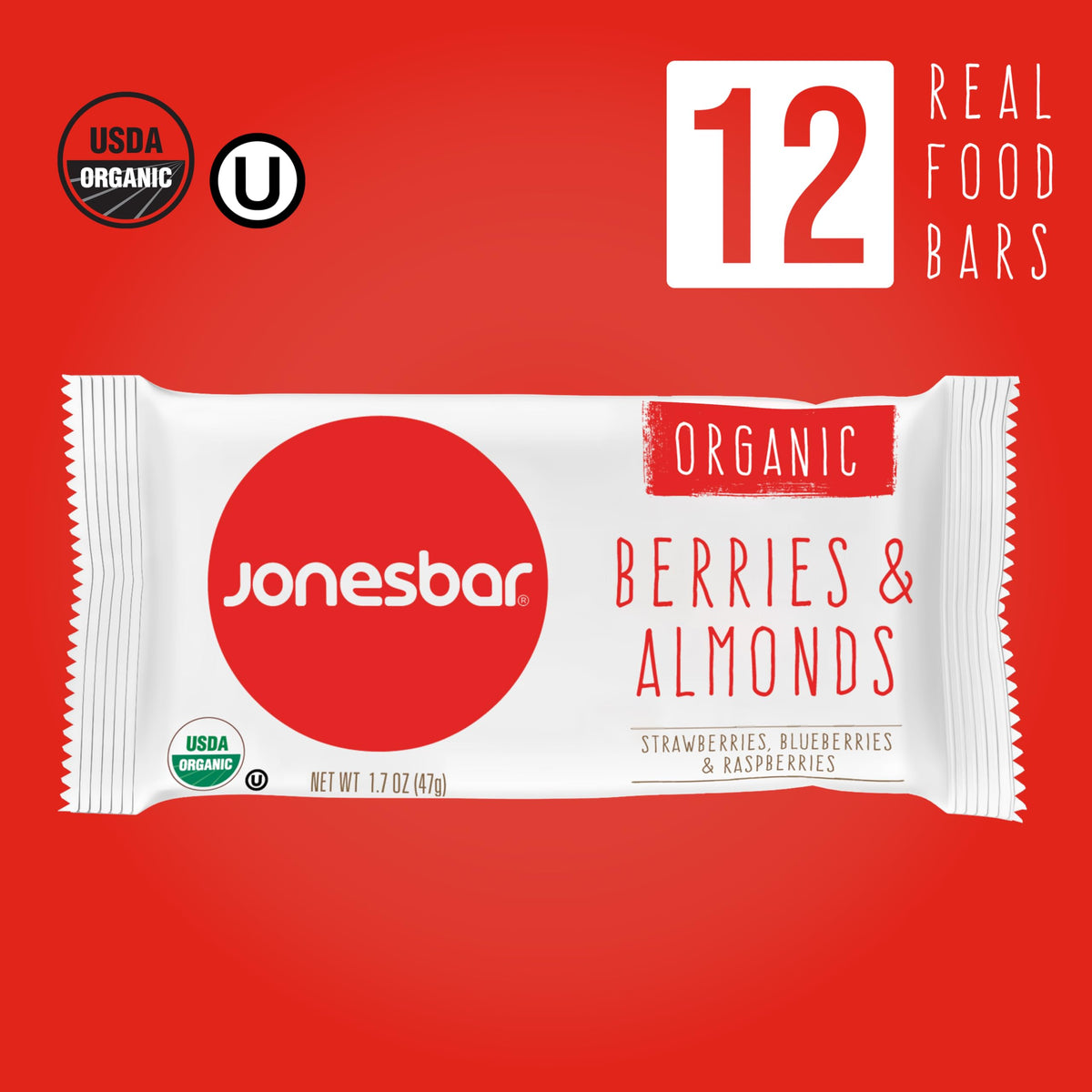 JONESBAR Organic Plant Based Protein Bars Berries & Almonds Pack of 12 | Gluten Free Kosher Vegan Snack
