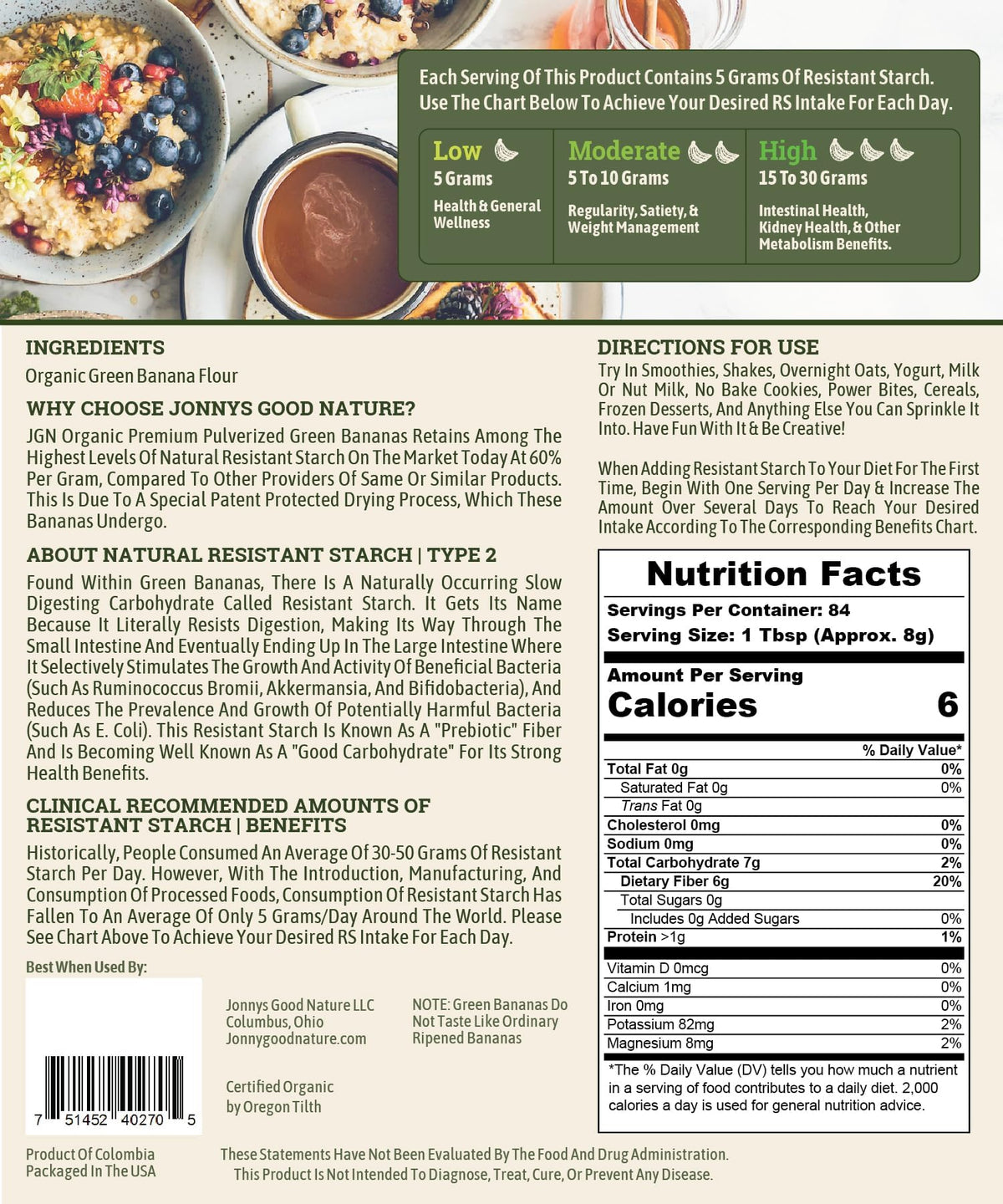 Jonnys Good Nature Organic Green Banana Flour – 84 Servings, Ultra High Resistant Starch & 10x Prebiotic Fiber