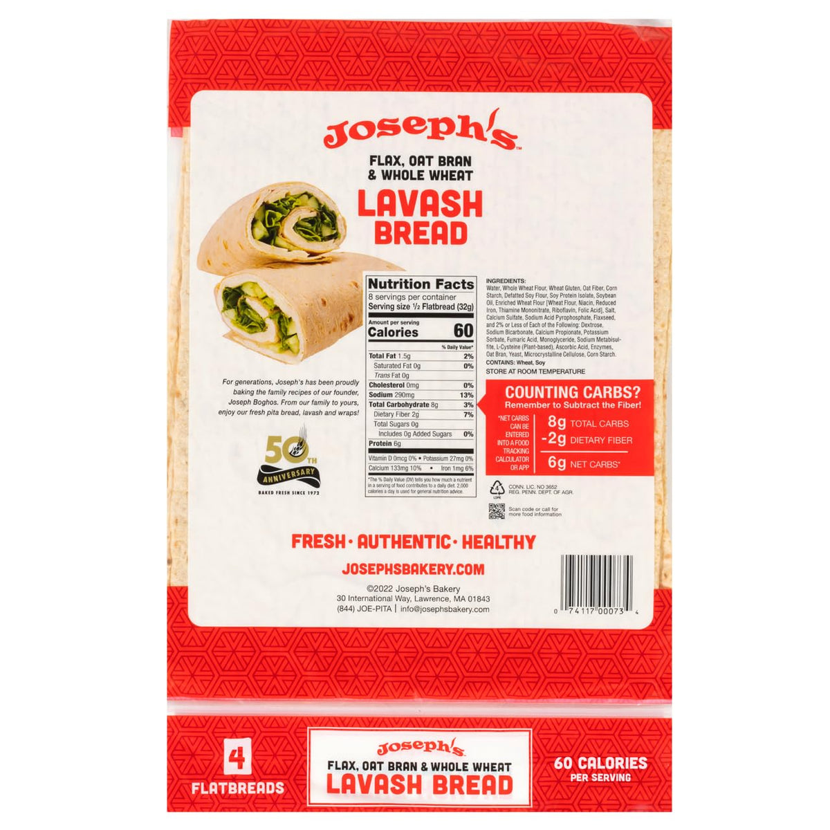Joseph's Bakery Lavash Bread – Reduced Carb Flax Oat Bran & Whole Wheat (12 Count)