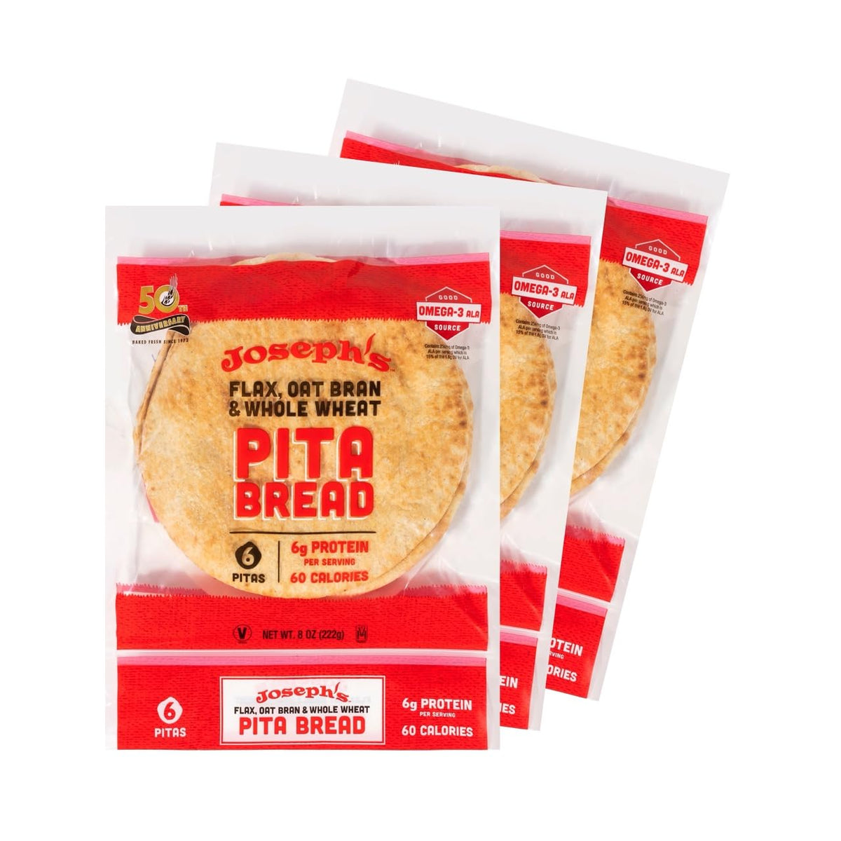 Joseph's Flax Pita 3 Pack – 18 Pitas, 7g Net Carbs, 6g Protein, Vegan