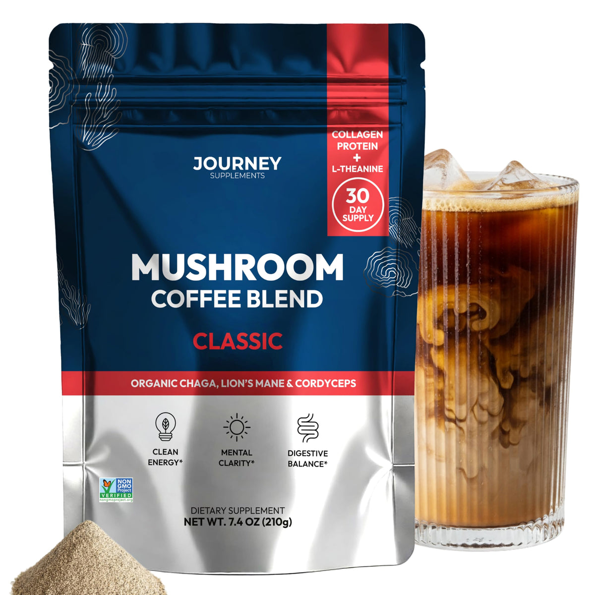 Journey Supplements Mushroom Coffee with Collagen – Classic Blend for Energy, Focus & Clarity (30 Servings)
