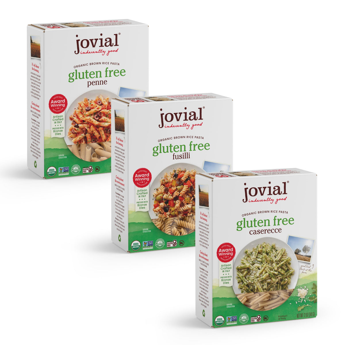 Jovial Whole Grain Brown Rice Pasta Variety Pack (Rigate, Fusilli, Caserecce) – Organic, Gluten Free, Dairy Free | Made in Italy