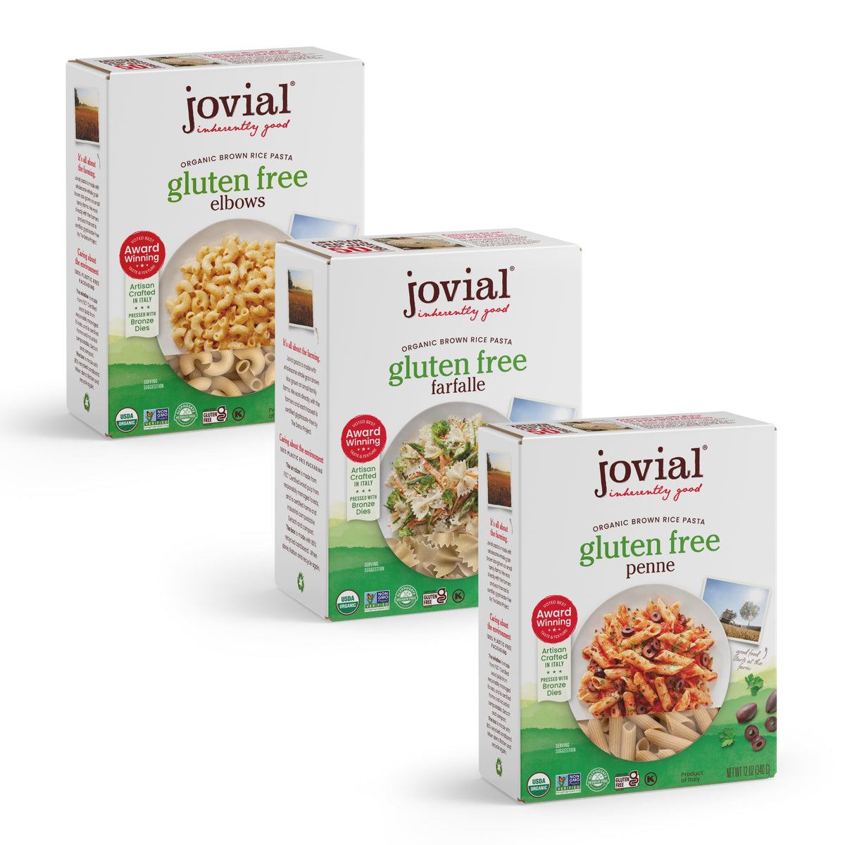 Jovial Brown Rice Pasta Variety Pack — Farfalle, Penne & Elbows – Gluten-Free, Organic, Made in Italy (3 x 12 oz)