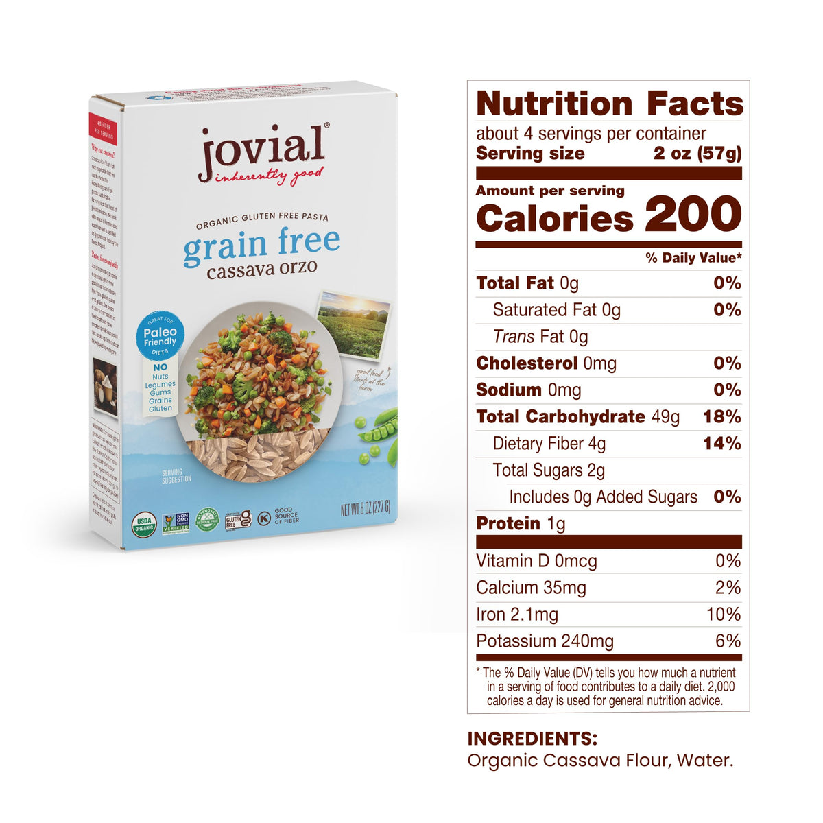 Jovial Grain-Free Cassava Orzo - Gluten-Free, Organic, High-Fiber Pasta (8 oz) 3 Pack