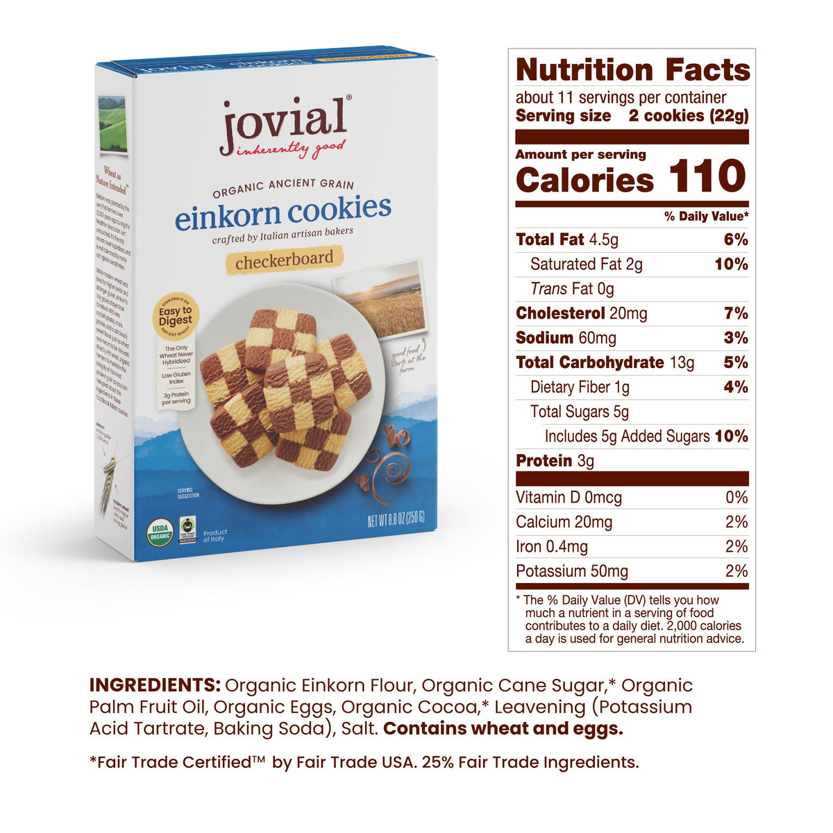 Jovial Organic Einkorn Checkerboard Cookies - High Protein, Low Sugar, Fair Trade, 8.8 oz (6 pack)