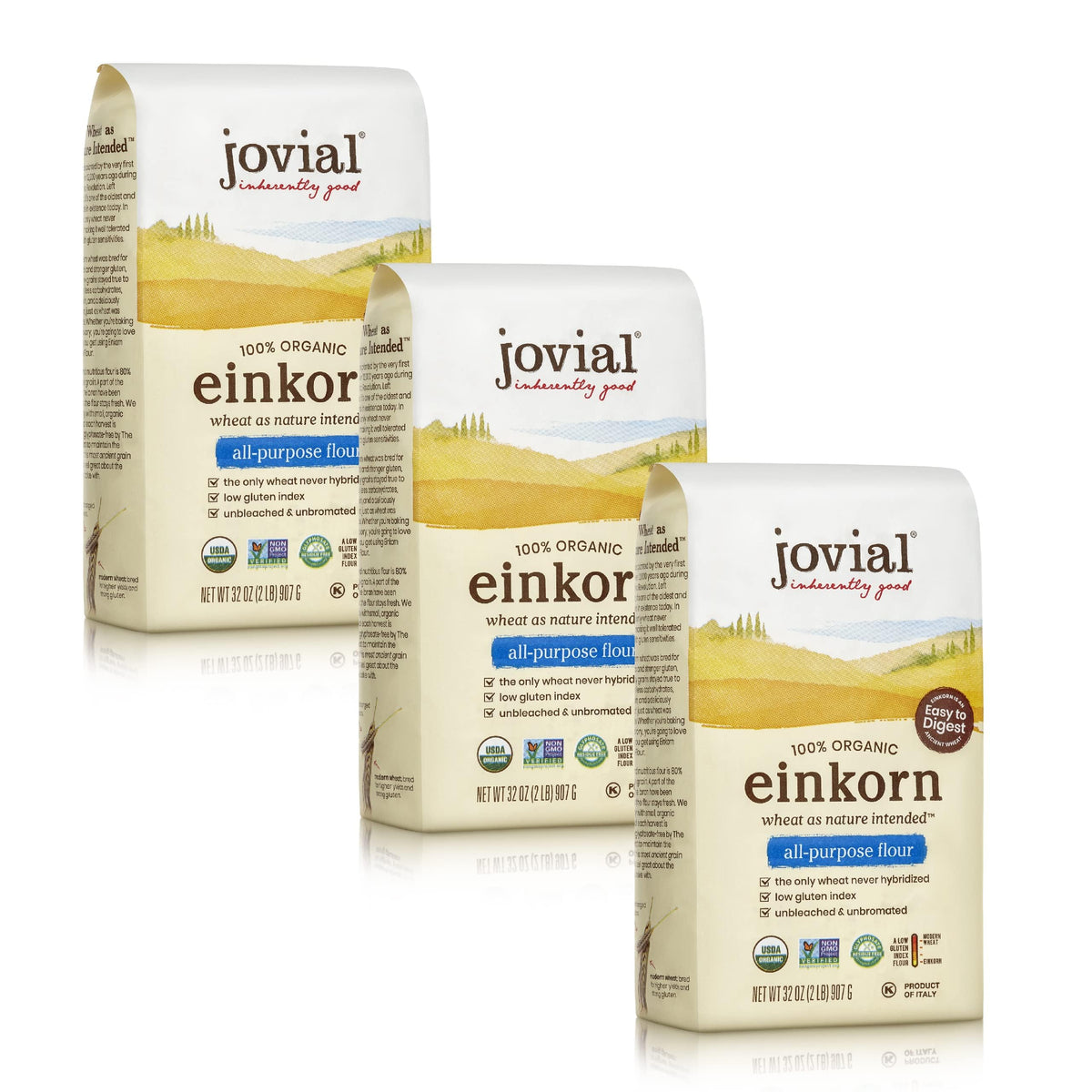 Jovial Organic Einkorn Flour – Unbleached All-Purpose, 32 oz x 3, High-Protein, Non-GMO, Glyphosate-Free, Italian