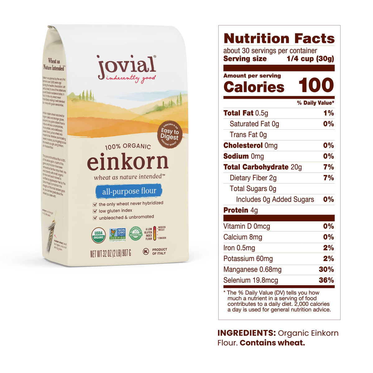 Jovial Organic Einkorn Flour – Unbleached All-Purpose, 32 oz x 3, High-Protein, Non-GMO, Glyphosate-Free, Italian