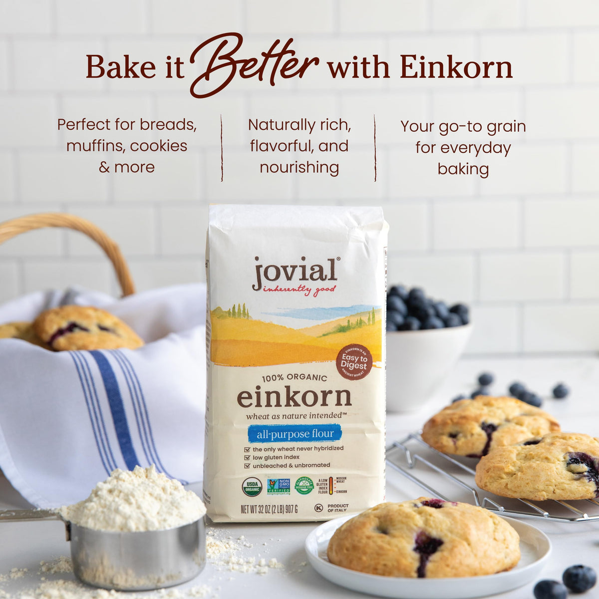 Jovial Organic Einkorn Flour, 32 oz (2 Pack) – Premium Ancient-Grain Baking