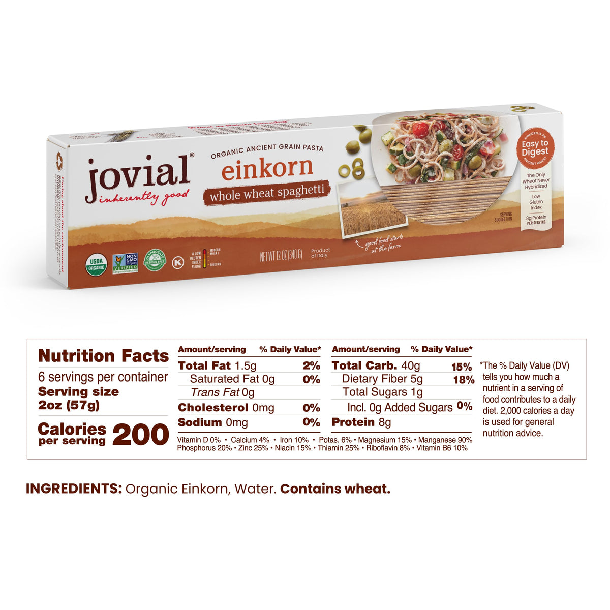 Jovial Einkorn 100% Organic Whole Grain Spaghetti — 12 oz, 6 Pack | High-Protein, Non-GMO, USDA Organic