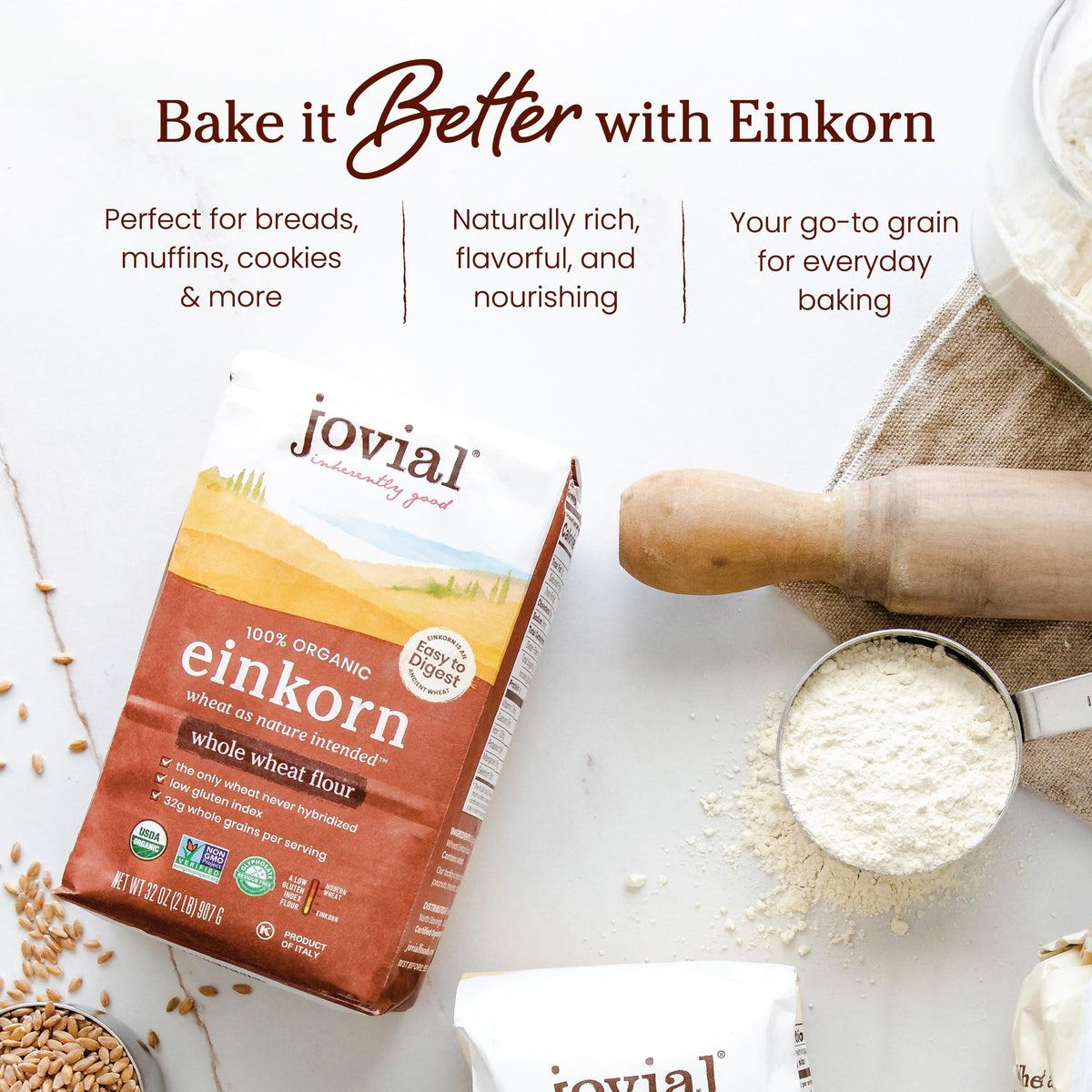 Jovial Organic Einkorn Whole Wheat Flour – 4 Pack (32 oz each), Non-GMO, Glyphosate Free