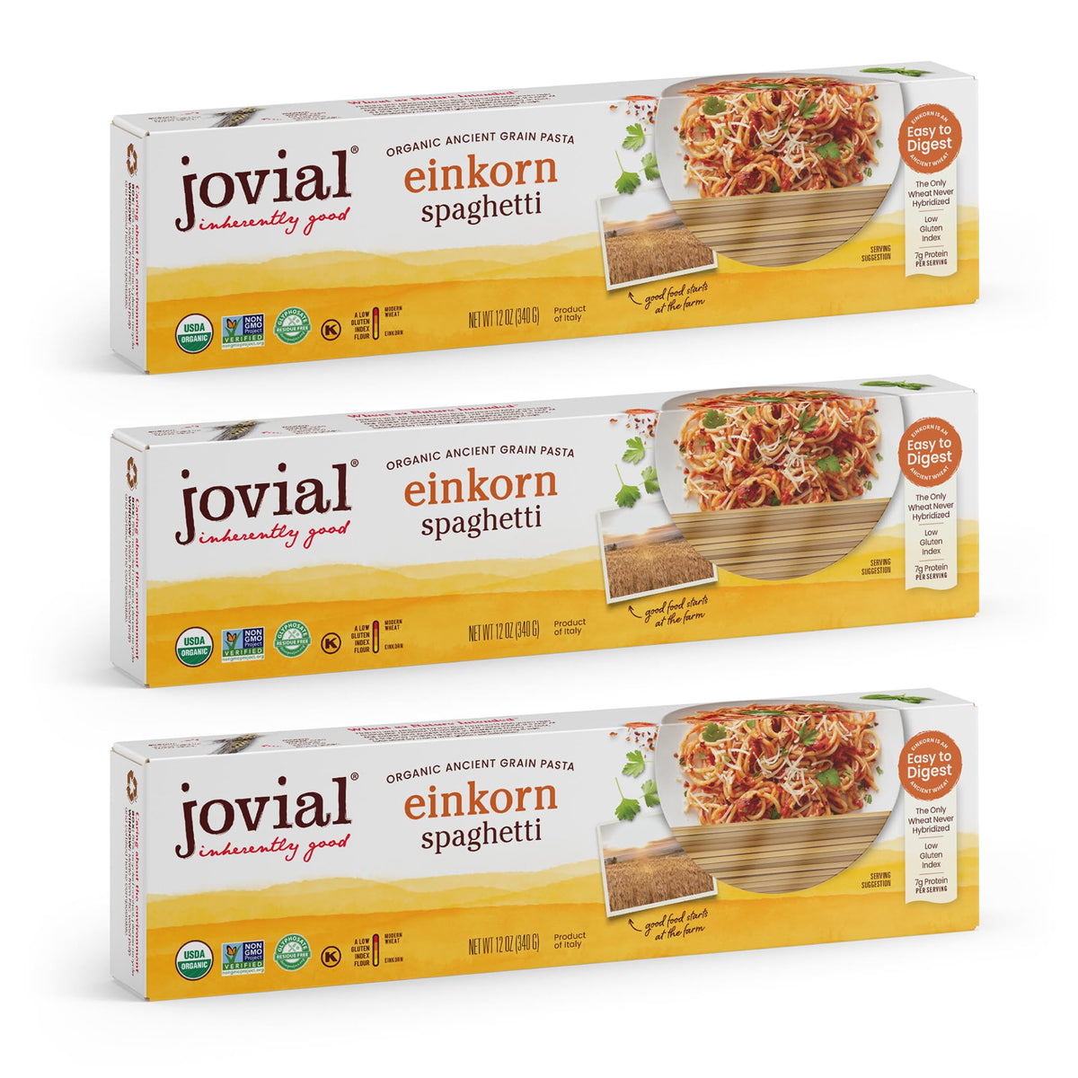 Jovial Einkorn Organic Spaghetti Pasta - Thin Spaghetti Noodles, 7 g Protein per Serving, USDA Organic, Non GMO - 12 Ounce, Pack of 3