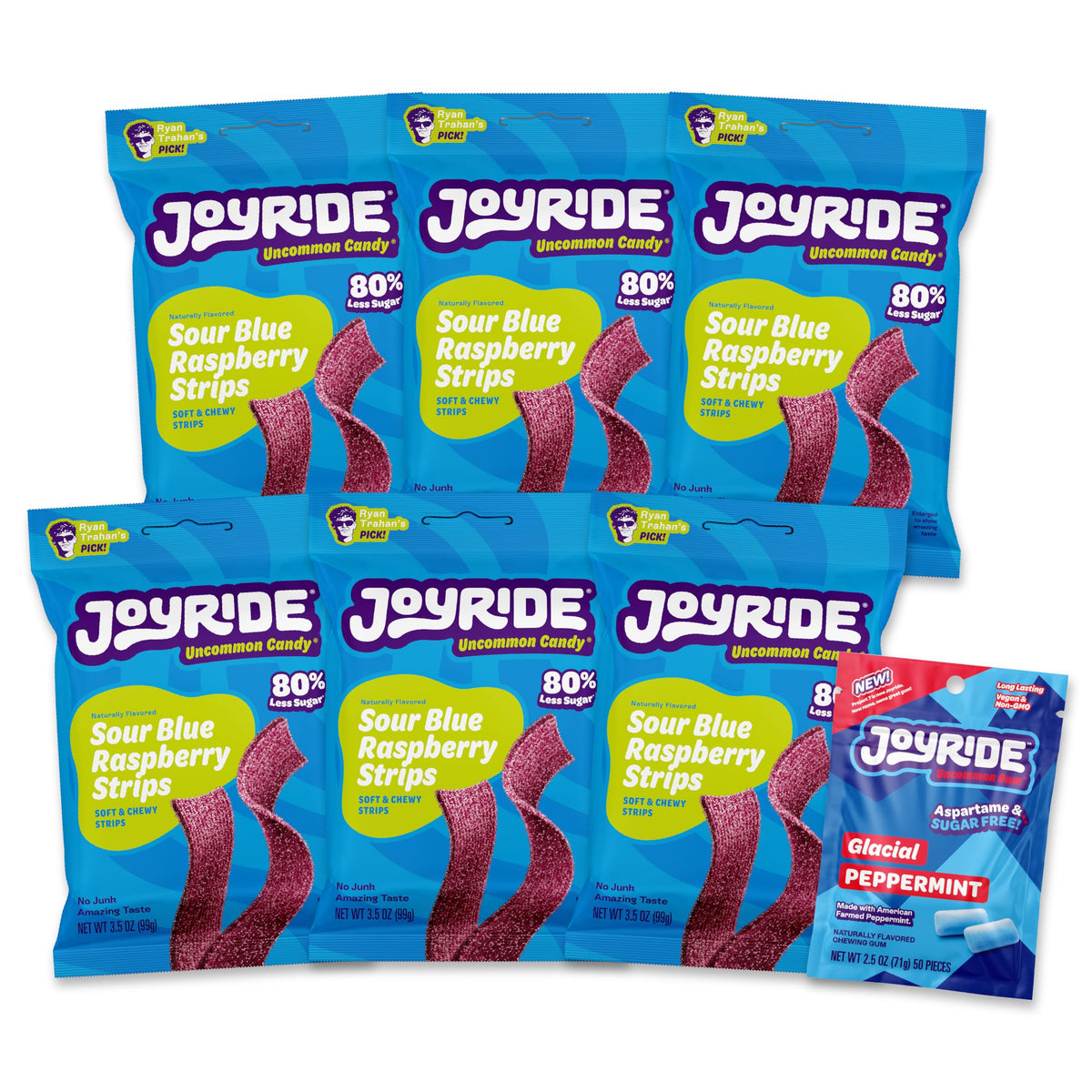JOYRIDE Blue Raspberry Sour Strips – 6 x 3.5 oz Bundle + Glacial Peppermint Gum 2.5 oz | Low Sugar, Dye-Free, Plant-Based Candy