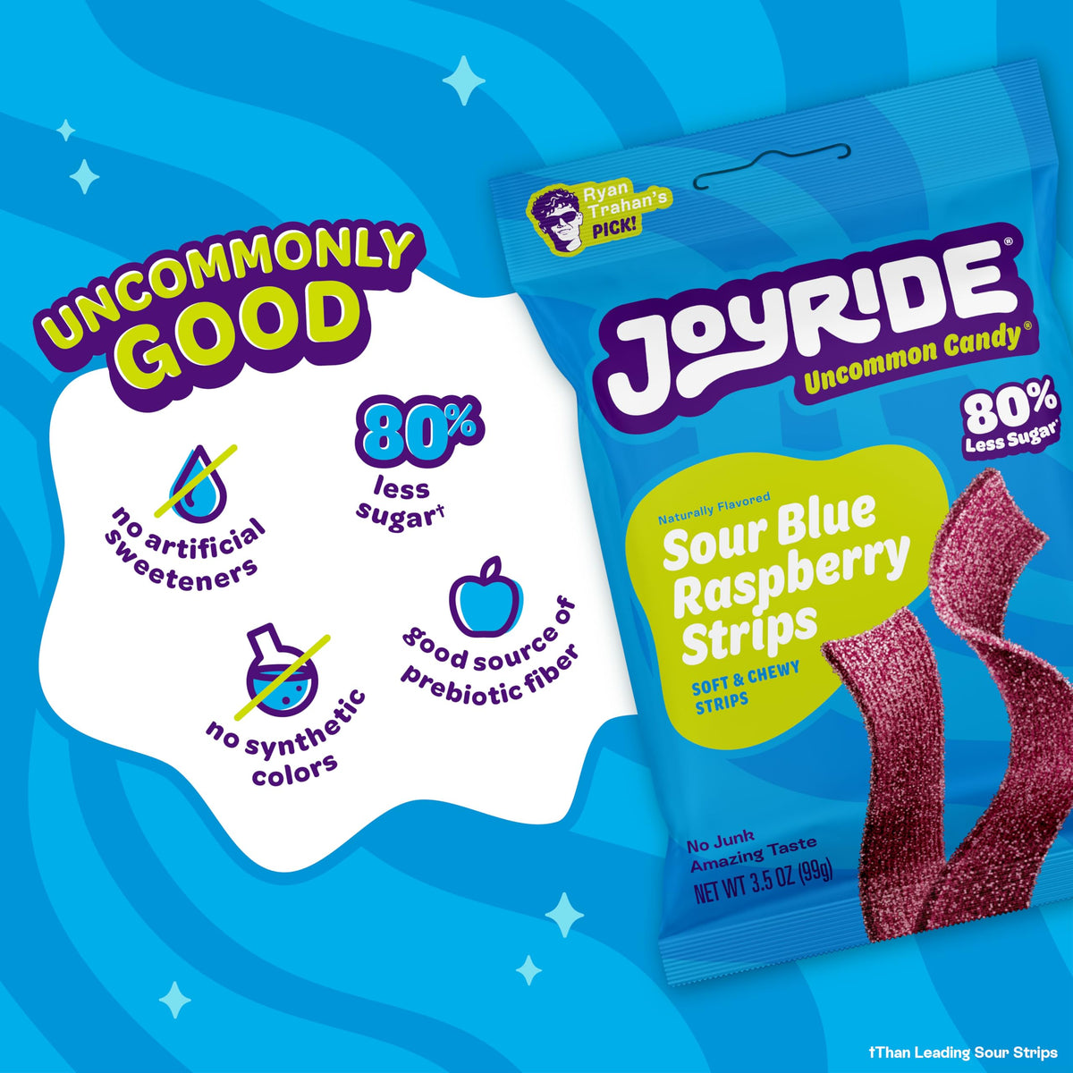 JOYRIDE Blue Raspberry Sour Strips – 6 x 3.5 oz Bundle + Glacial Peppermint Gum 2.5 oz | Low Sugar, Dye-Free, Plant-Based Candy