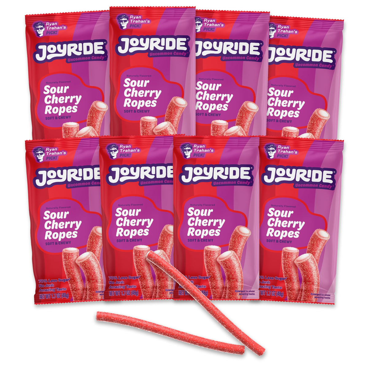 JOYRIDE Sour Cherry Ropes – 8-Pack, Low Sugar, Plant-Based Sour Gummy Candy (1.7 oz each)
