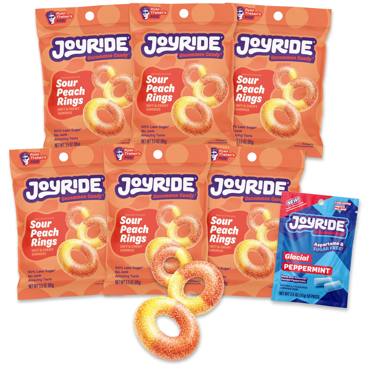 JOYRIDE Sour Peach Rings – 6-Pack Bundle with Bonus Peppermint Gum | Low Sugar, Dye Free