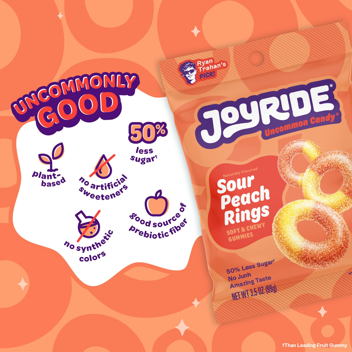 JOYRIDE Sour Peach Rings – 6-Pack Bundle with Bonus Peppermint Gum | Low Sugar, Dye Free