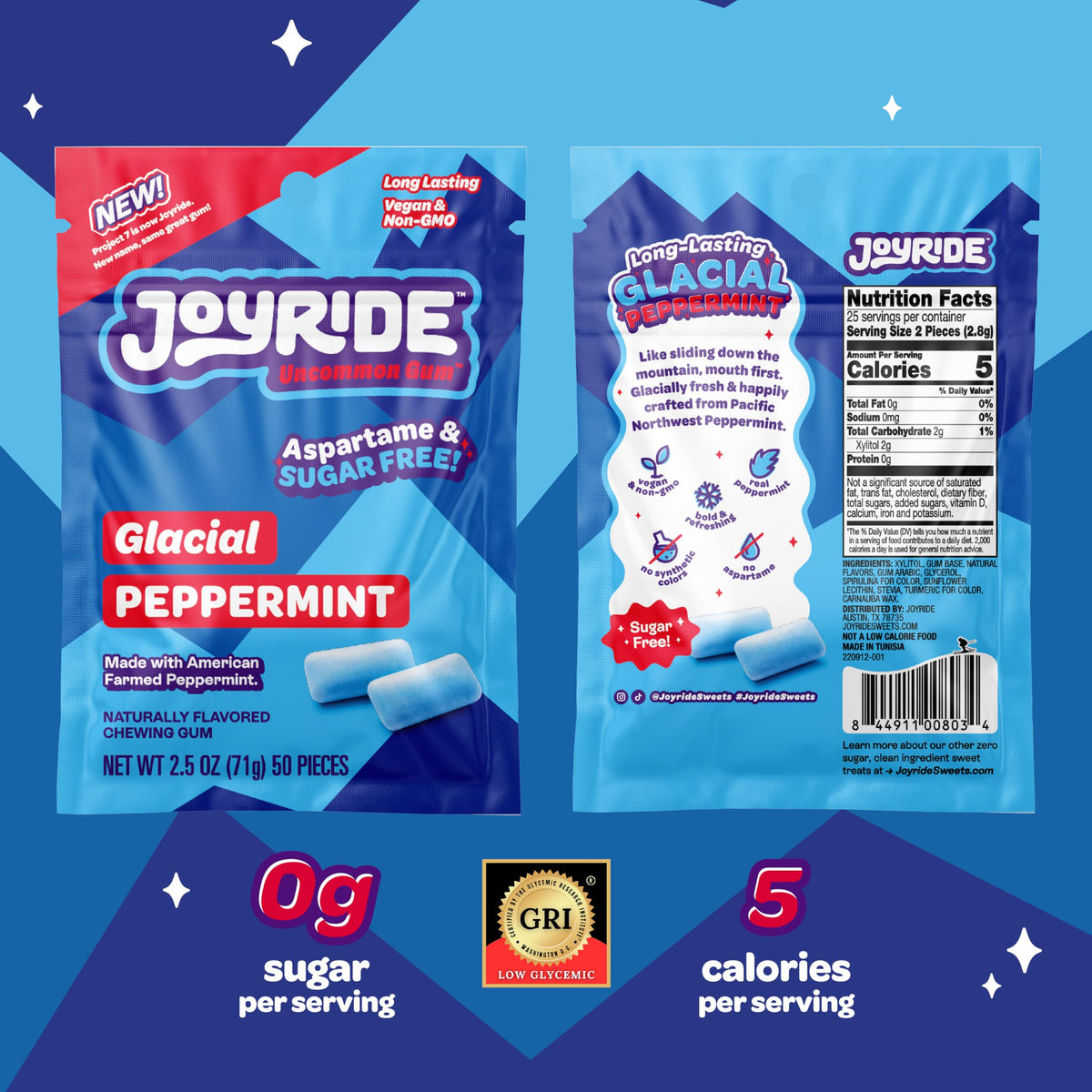 JOYRIDE Sour Smacks – 3.5 oz 6-Pack Bundle + 2.5 oz Glacial Peppermint Gum | Low Sugar, Plant-Based Candy
