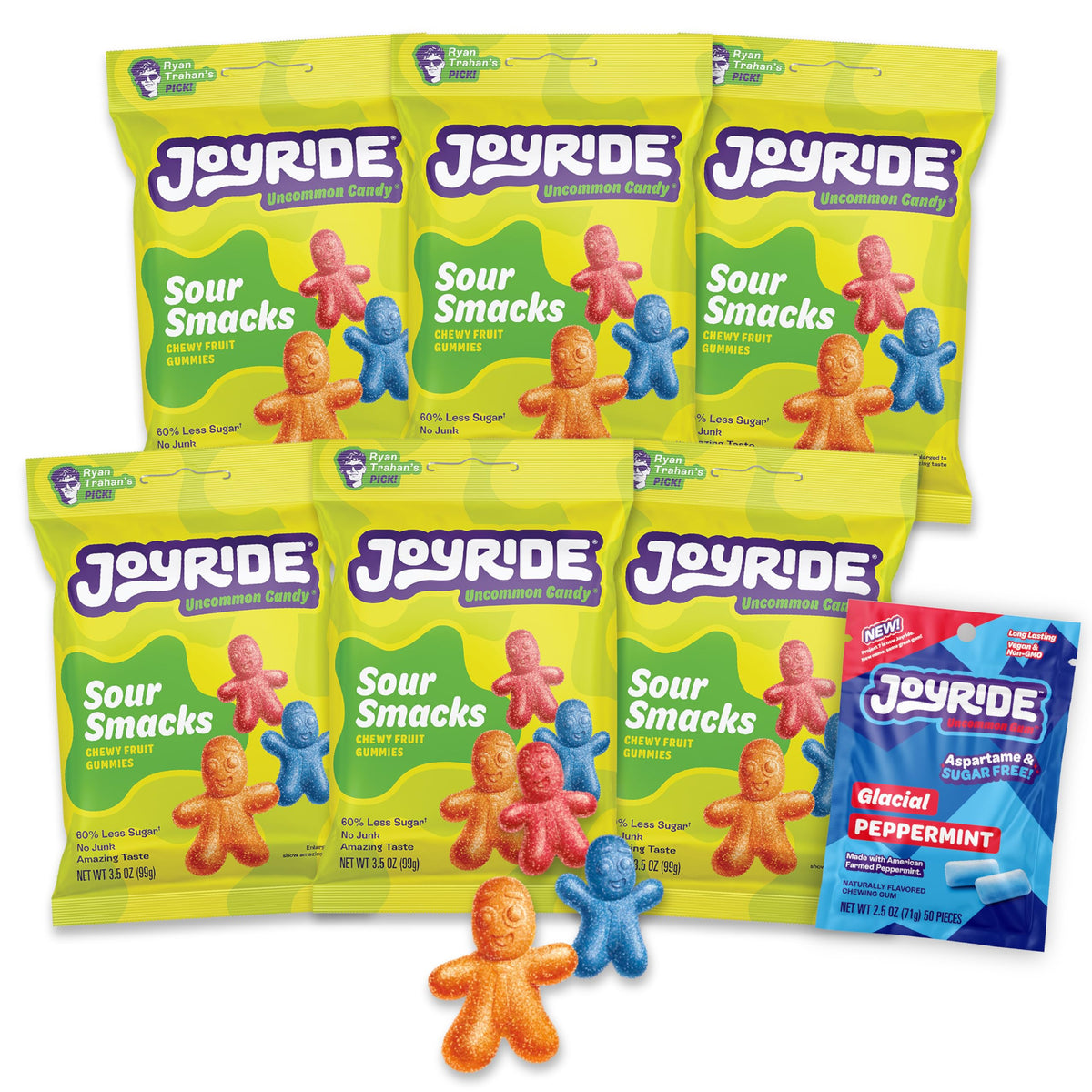 JOYRIDE Sour Smacks – 3.5 oz 6-Pack Bundle + 2.5 oz Glacial Peppermint Gum | Low Sugar, Plant-Based Candy