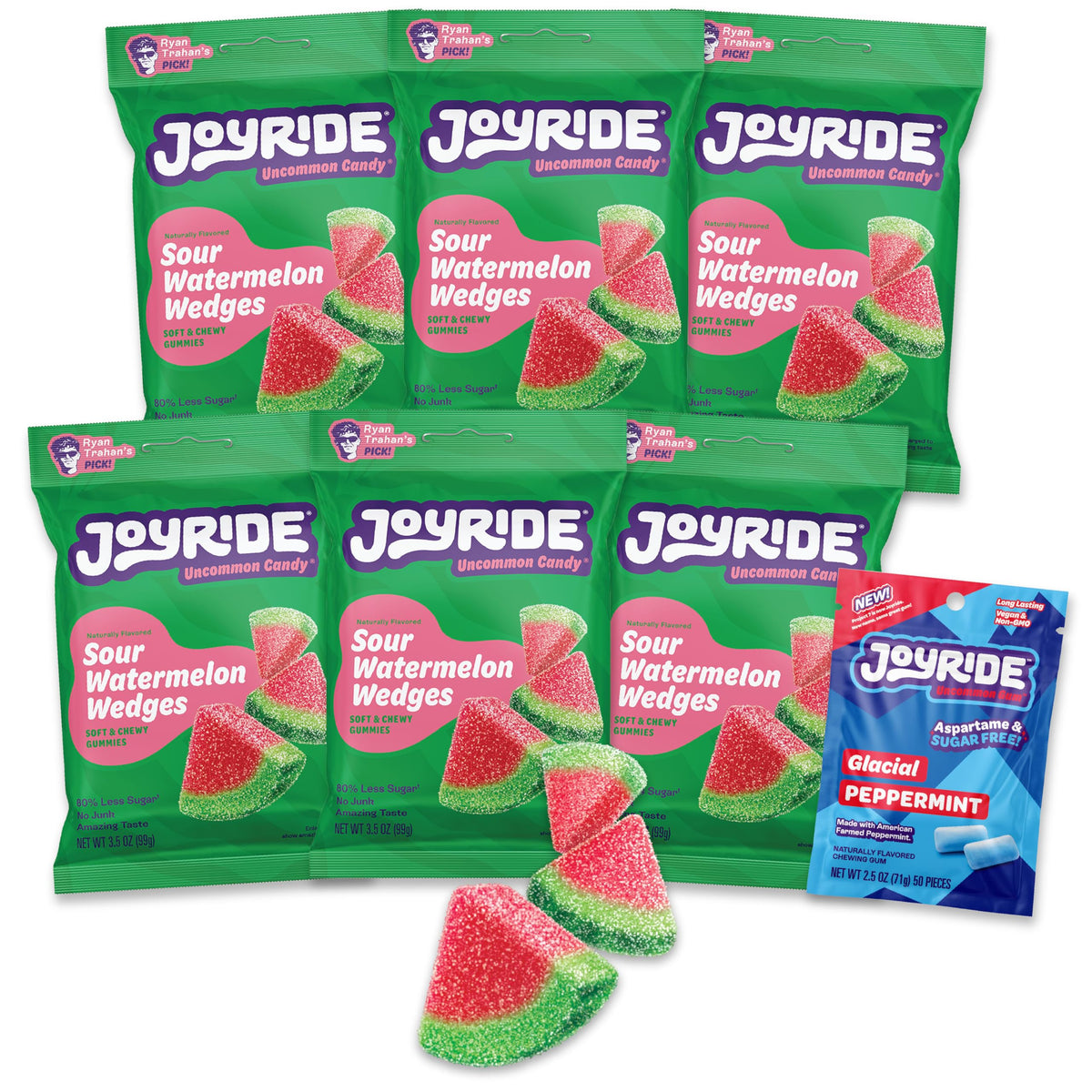 JOYRIDE Sour Watermelon Wedges + Peppermint Gum Bundle – 6x3.5oz + 2.5oz Low Sugar