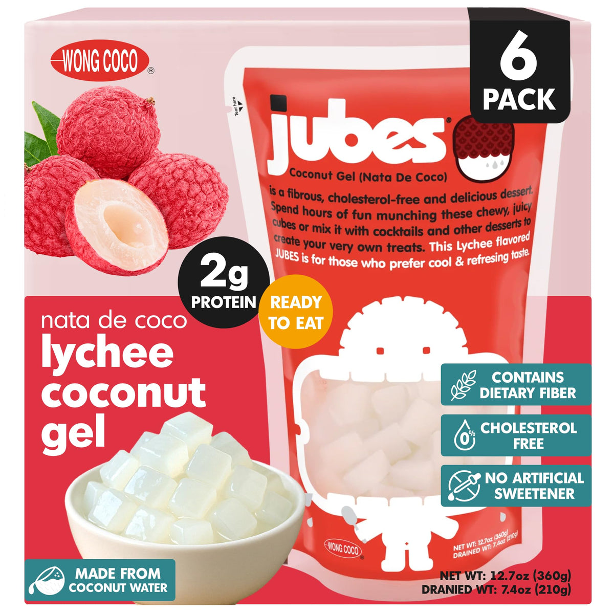 Jubes Lychee Nata de Coco Jelly Cubes – Pack of 6 (12.7 oz) for Boba Tea & Desserts