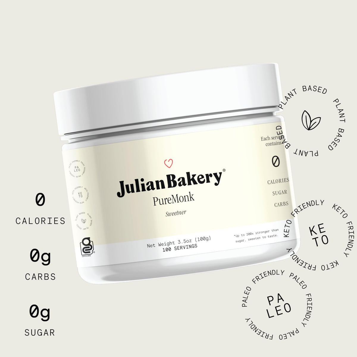 Julian Bakery Pure Monk Sweetener – v25% Monk Fruit Extract, Sugar Free, 3.5oz (100 Servings)