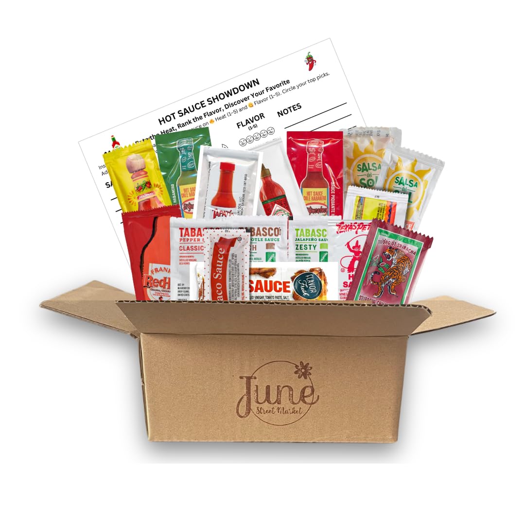 June Street Market Hot Sauce Variety Pack – 40 Single-Serve Packets in a Gift Box