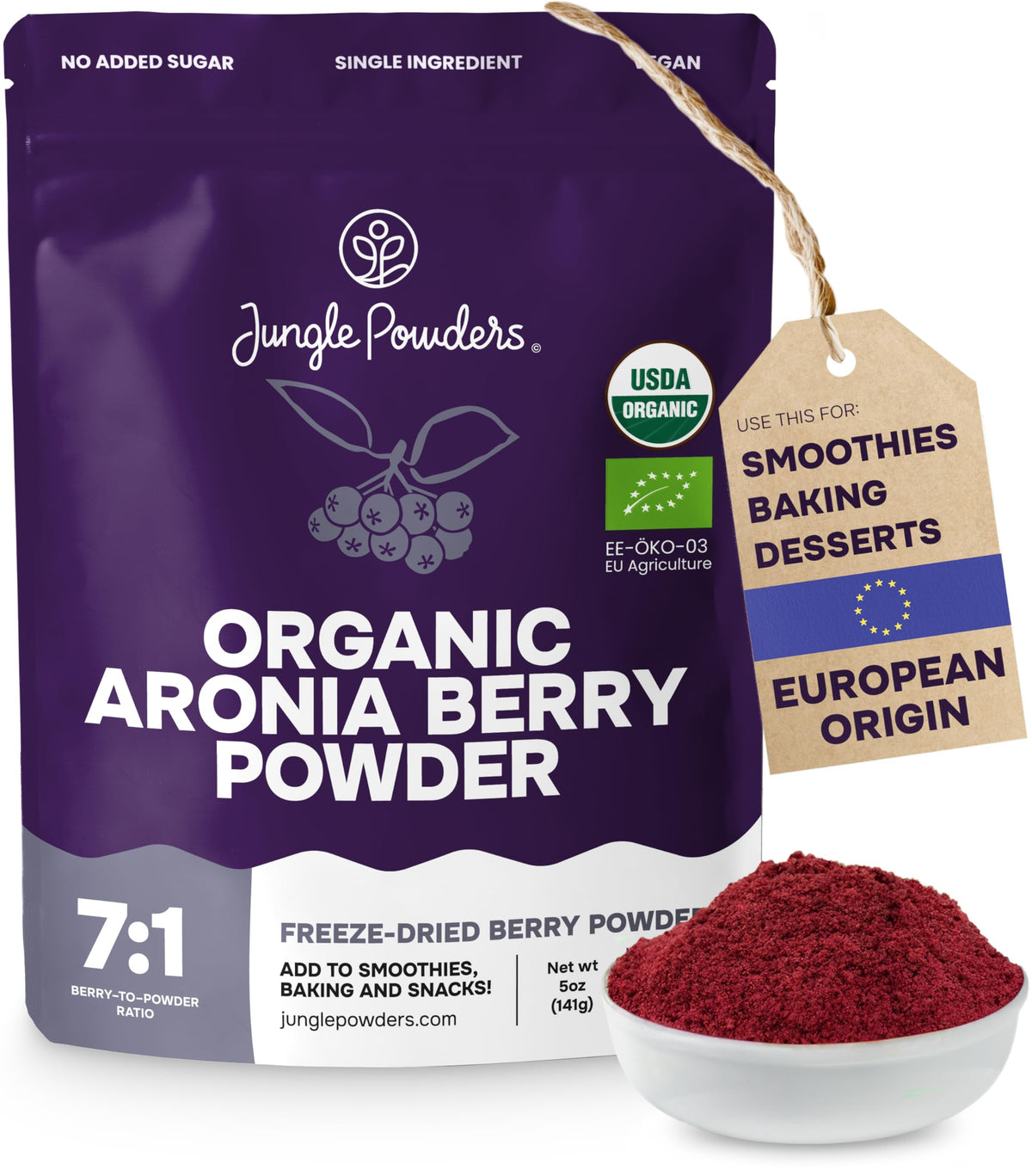 Jungle Powders Organic Aronia Berry Powder – 5 oz Freeze-Dried Chokeberry, Immune Support & Antioxidants (Vegan & Gluten Free)