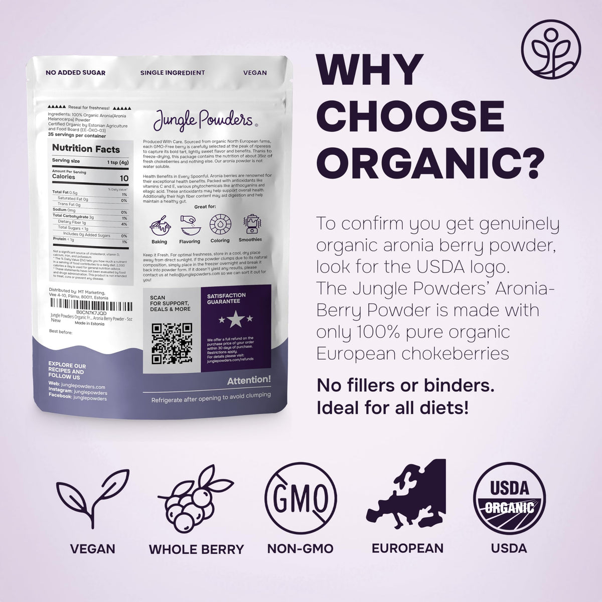 Jungle Powders Organic Aronia Berry Powder – 5 oz Freeze-Dried Chokeberry, Immune Support & Antioxidants (Vegan & Gluten Free)