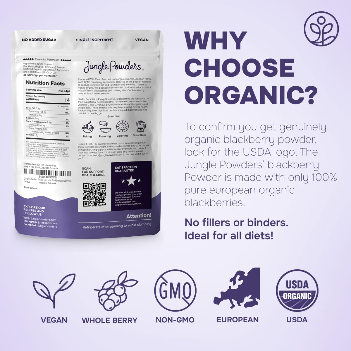 Jungle Powders Organic Blackberry Powder – Freeze-Dried, USDA & EU Certified