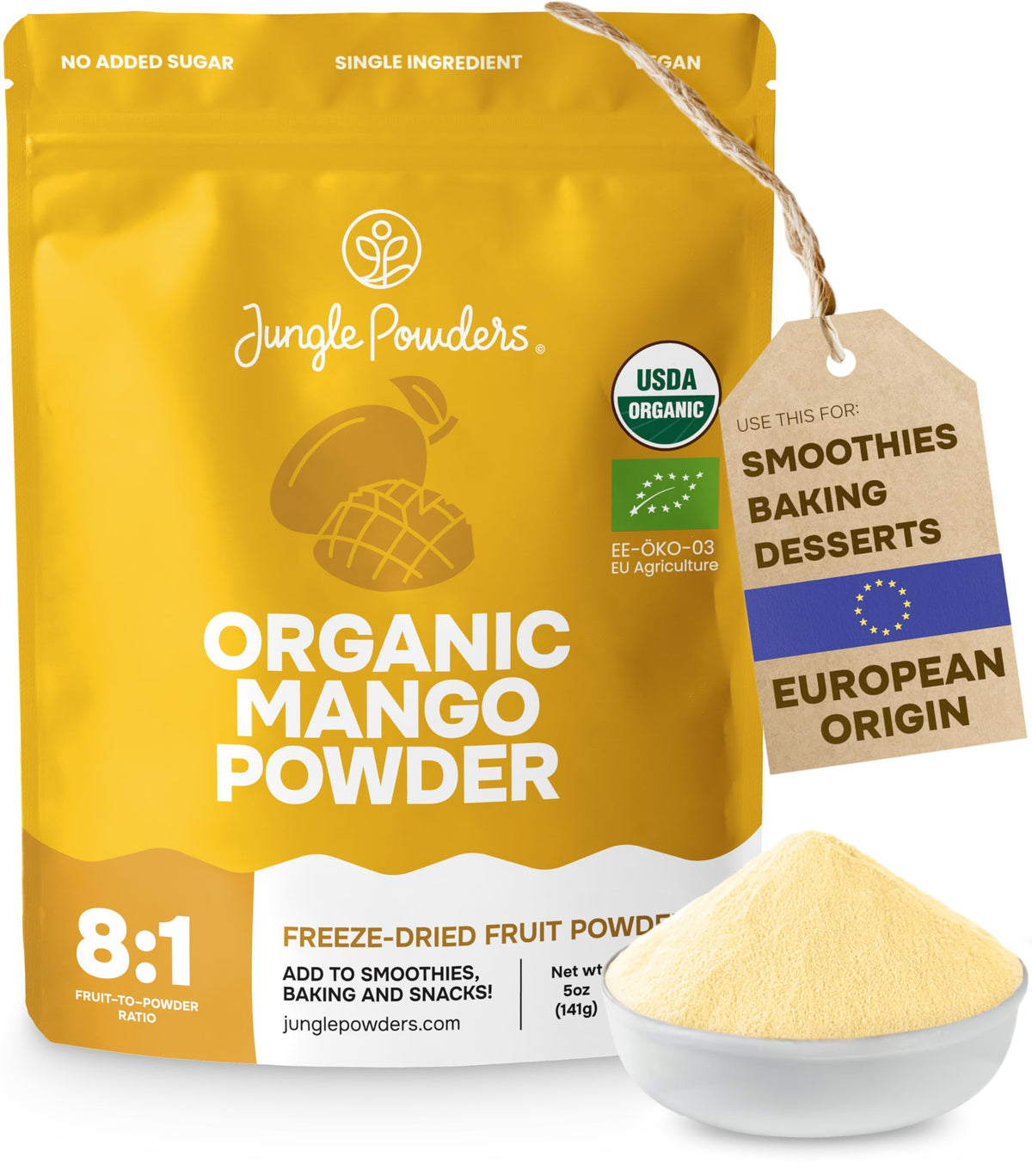 Jungle Powders Organic Mango Powder – 5 oz | Freeze-Dried Mango Powder for Baking, Smoothies & Desserts