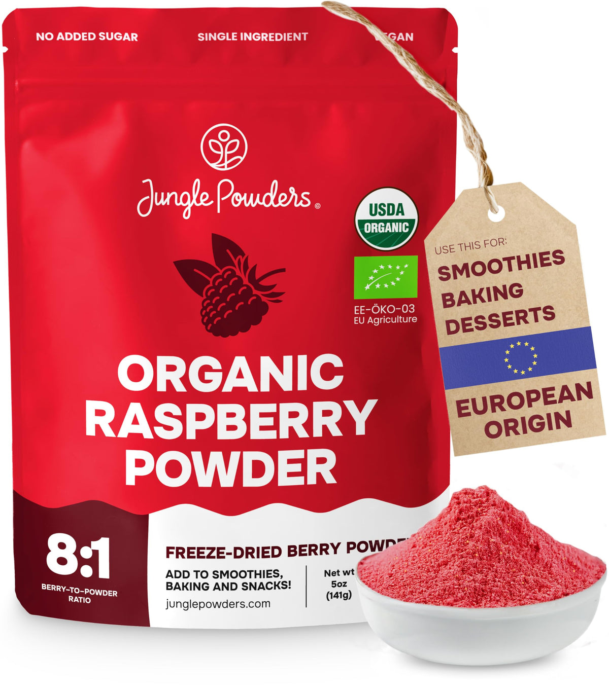 Jungle Powders Organic Raspberry Powder – 5 oz Freeze-Dried Raspberry Powder for Smoothies, Baking & Desserts | USDA Organic