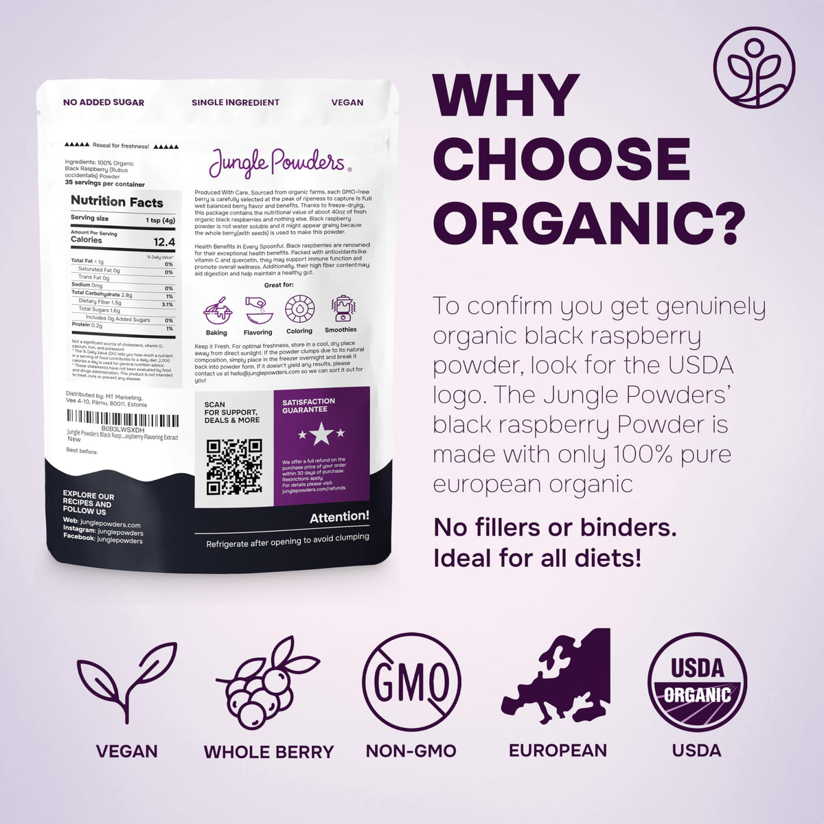 Jungle Powders Organic Black Raspberry Powder – Freeze-Dried, 5 oz (USDA & EU Organic)