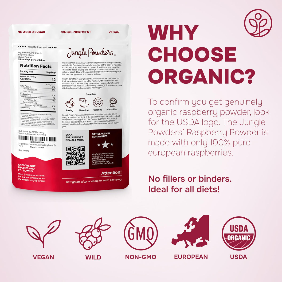 Jungle Powders Organic Raspberry Powder – 5 oz Freeze-Dried Raspberry Powder for Smoothies, Baking & Desserts | USDA Organic